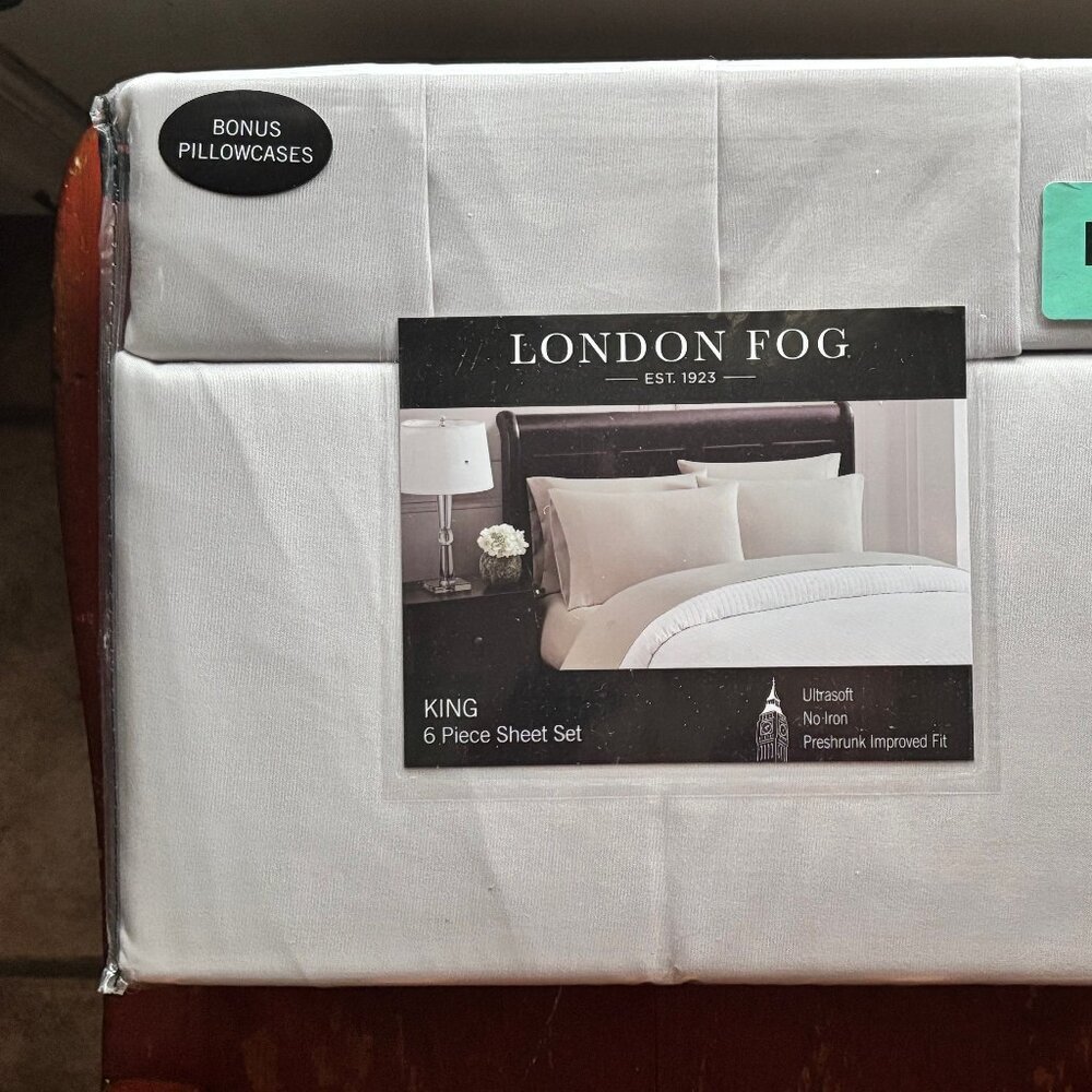 6-pc London Fog KING SIZE Sheet Set - TAUPE/CREAM - (2 BONUS PILLOWCASES)